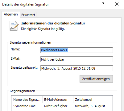 Screenshot: Details der digitalen Signatur