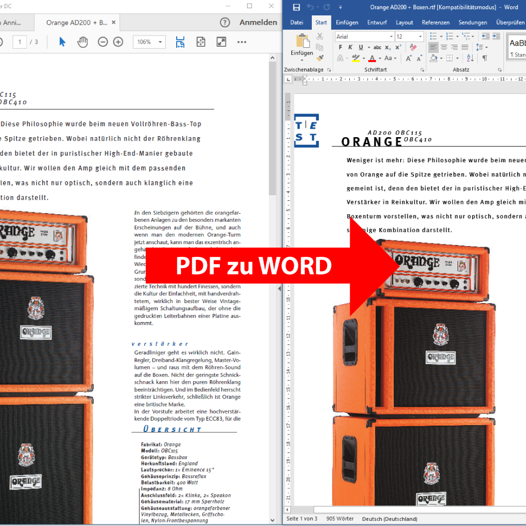 Vergleich: PDF im Adobe Acrobat und daneben exportiert mit PdfGrabber in Microsoft Word